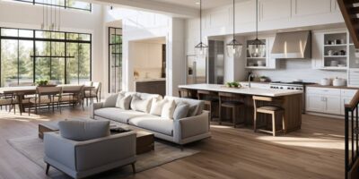 A modern, open-concept dining room and kitchen decorated with beige, gray, and white furniture with brown hardwood flooring.