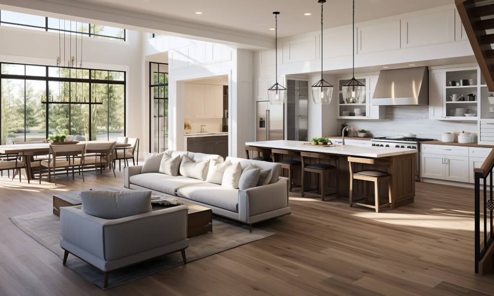 A modern, open-concept dining room and kitchen decorated with beige, gray, and white furniture with brown hardwood flooring.