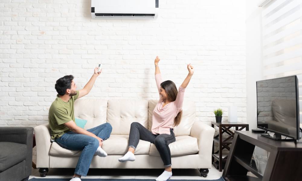 A man and woman sit on a couch. The man uses a remote to control a mini split above them while the woman cheers.