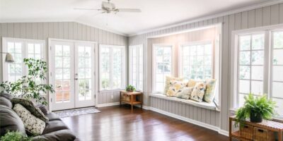 A sunroom with gray, paneled walls, a brown leather couch, and a window seat with pillows sitting on it.