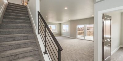 A carpeted staircase that leads down into a beautiful, open-concept basement with recessed overhead lighting.