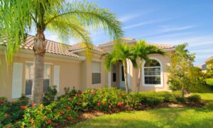 On a bright, sunny day, a home is nestled in a peaceful yard with lush, tropical trees and a green garden.