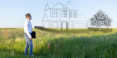 A man is standing in the middle of a field, imagining a newly built, two-story home with a tree planted next to it.